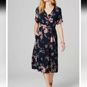 J.Jill Blue Pink Floral V-neck Dolman Sleeve Belted Midi Dress NWT Size XL